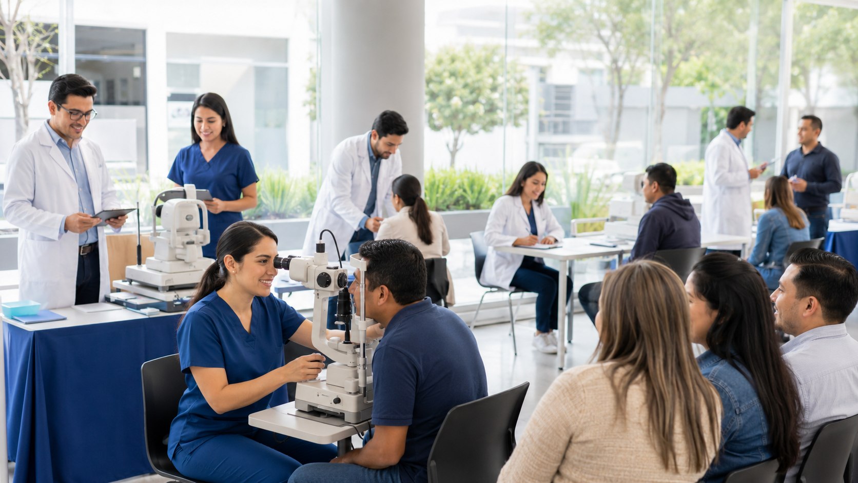 Campaña corporativa de salud visual con especialistas atendiendo a colaboradores